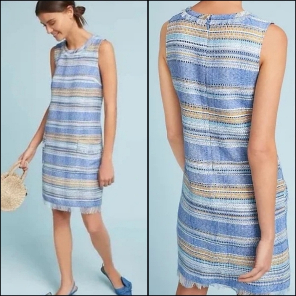 Anthropologie Blue and Tan Striped Sleeveless Shift Dress